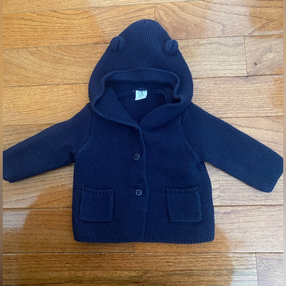 Baby GAP Navy Knit Hooded Sweater Coat Bear Ears Button Front Size 12-18 Months